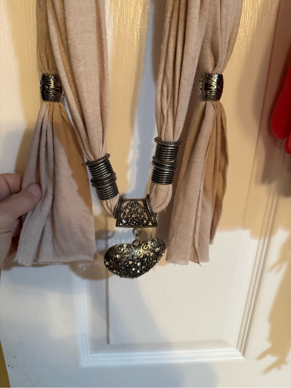 Beige Fabric Scarf Necklace with Ornate Silver Heart Pendant